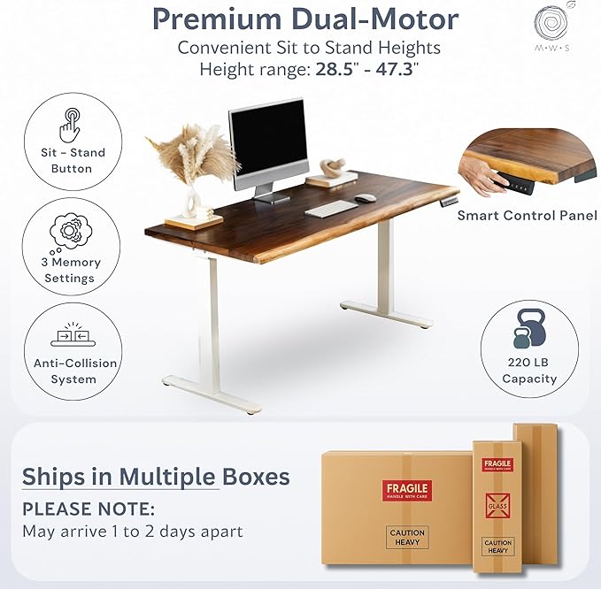 Walnut Standing Desk - W48 × D27 Solid Wood Live Edge Adjustable Height Sit Stand Desk - Dual Motor Frame with Memory Presets Quick Assembly - Stand Up Home Office Table by MWS Studio