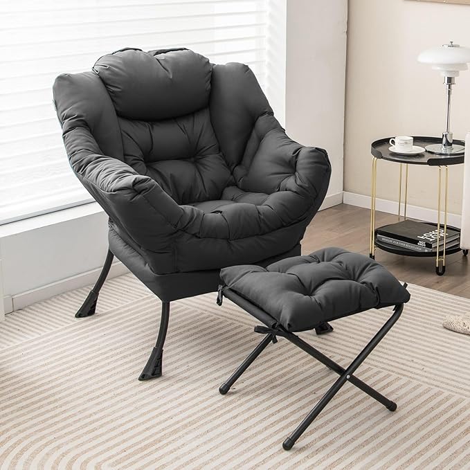 RELAX4LIFE Lazy Chair with Foldable Ottoman - Modern Lounge Accent Chair w/Armrests &amp Side Pocket Upholstered Leisure Sofa Armchair with Footrest for Reading Living Room Bedroom Dorm (Grey)