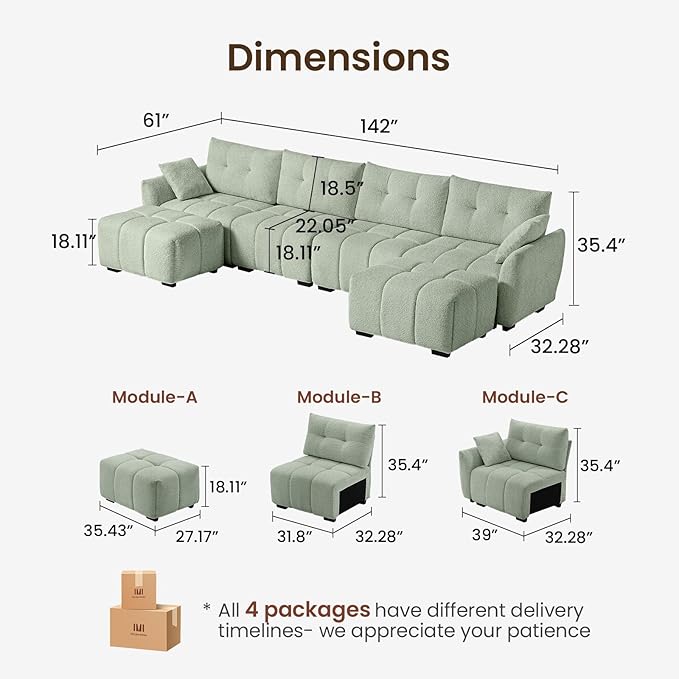 142 Oversized Modular Sectional Sofa Chenille U Shaped Couch with Pillows Modern Deep Seat Sofa with 2 Movable Ottoman 4 Seater Sectional Couches for Living Room Home Office