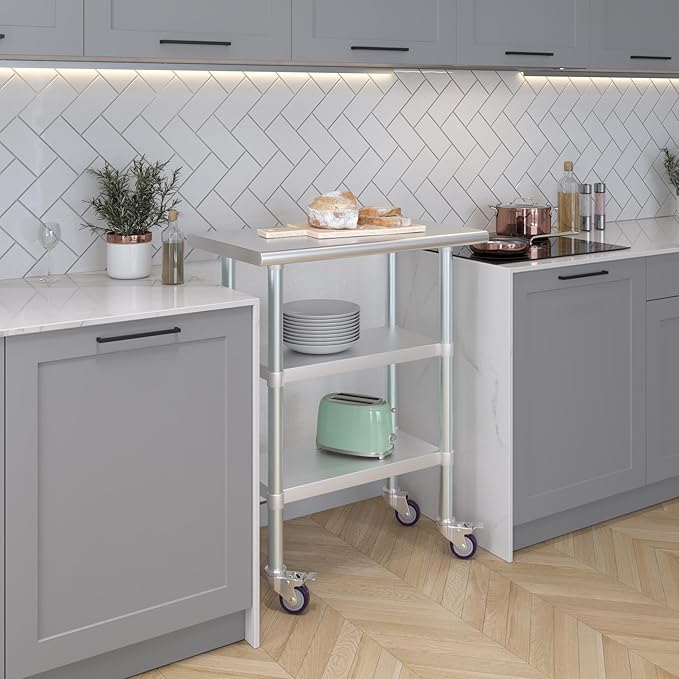 AmGood Stainless Steel Work Table with 2 Shelves and Casters | Metal Utility Table On Wheels (Stainless Steel Work Table with 2 Shelves + Casters 30 Long x 18 Deep)