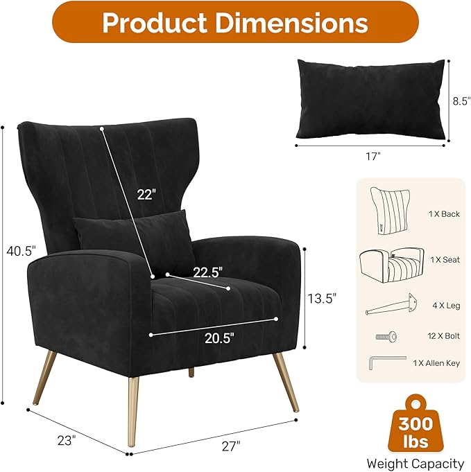 Velvet Accent Chair Wingback for Living Room High Back Arm Chair with Golden Legs Lumbar Pillow Upholstered Single Sofa Bedroom Black