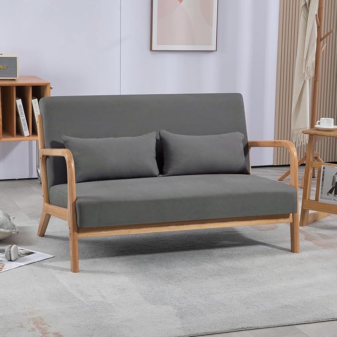 Modern Compact 48'' Loveseat with Linen Upholstery and Wood Legs Perfect for Bedroom Living Room Furniture (Dark Gray)