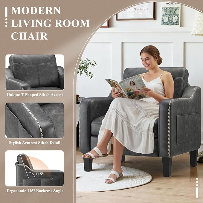 PU Leather Accent Chair Set of 2 Mid-Century Modern Living Room Armchair Sofa with Removable Cushions Solid Wood Frame &amp Stitched Armrest Design Bedroom Chair with Plastic Legs Black
