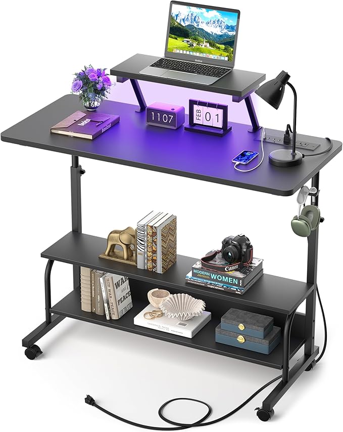 Height Adjustable Standing Desk with Power Outlets and LED Lights - 39 Manual Stand Up Desk with Monitor Stand and Storage Shelves Small Mobile Rolling Computer Desk Portable Laptop Table Black