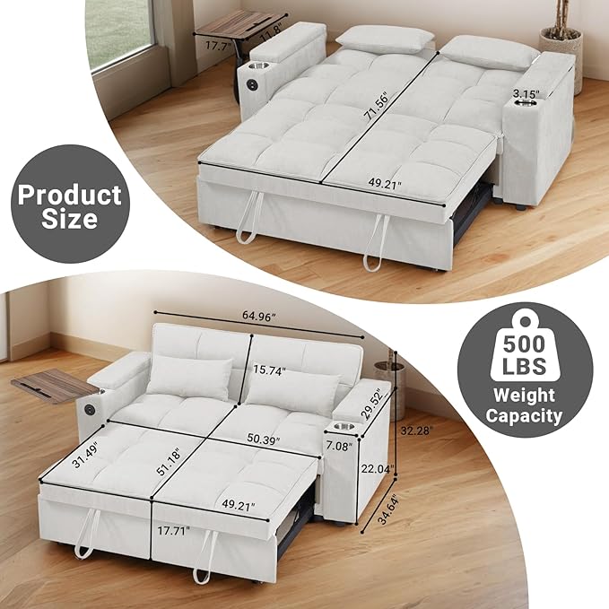 65-Inch 3-in-1 Convertible Loveseat Sleeper with Side Table Pull-Out Couch Adjustable 3-Level Backrest USB &amp Type-C Ports Chaise Lounge for Living Room White