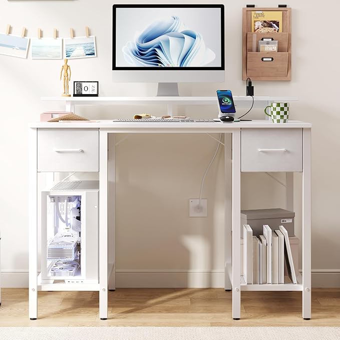 White Computer Desk with Drawers 42 Inch Home Office Desk Study Writing Table Gaming Desk with USB Power Outlets Office Desk with Fabric Drawer Work Table with Shelf for Bedroom White