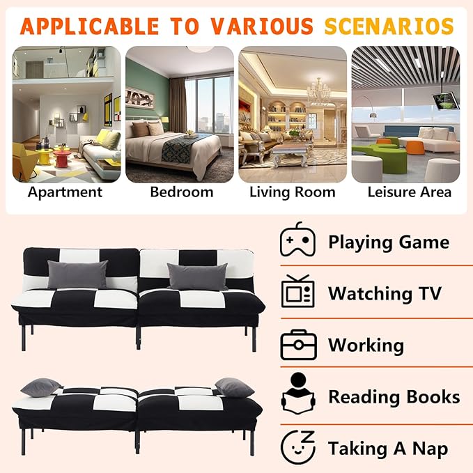 78 Modern Sofa Bed FutonConvertible Sleeper Bed Couch with 4 Reclining BackrestComfy Velvet Cloud Sofa Loveseat for Living Room Bedroom Office (Black+White)