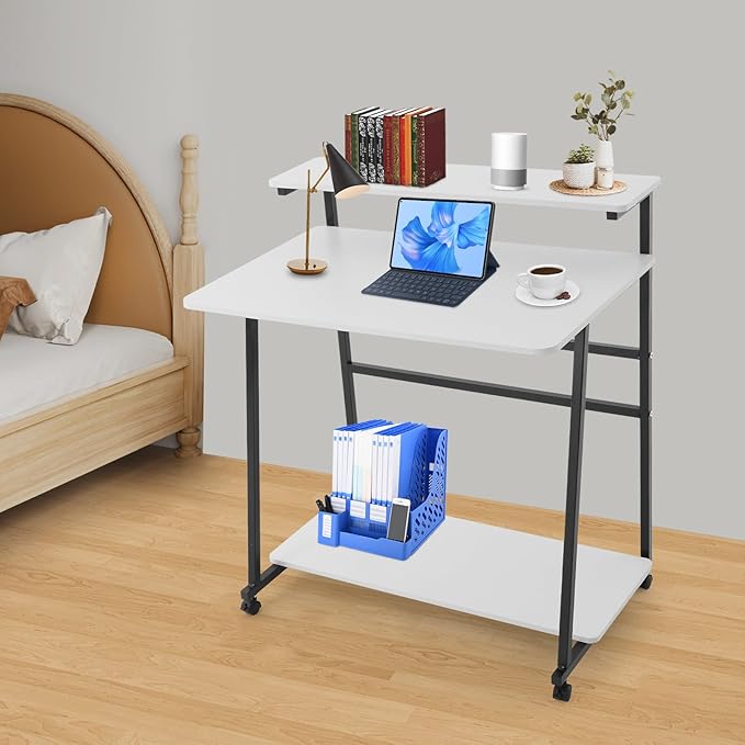 Home Office Desk3 Tier Rolling Computer Desk36inch Modern Home Desk Computer Desk Writing Table with Under Desk Storage Shelves for Home Office Study Bedroom (Black+White)