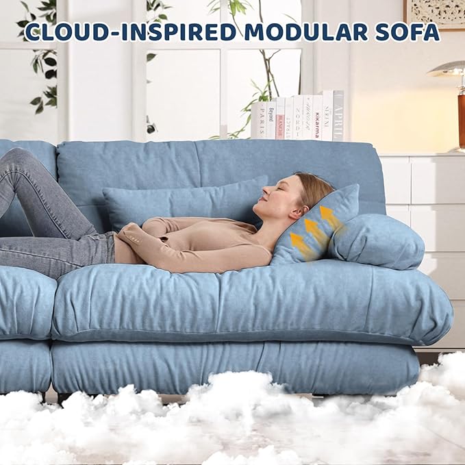 173.2 Oversized L Shaped Couch Chenille Modular Sectional Sofa 4 Seater Deep Seat Sofa with Movable Ottoman Modern Cloud Couch with Thick Seat Cushion Sectional Couches for Living Room Blue