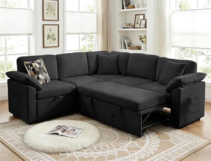 85 Modular Sectional Sofa with Pull Out Bed L Shaped Couch with Storage 5-Seater Sleeper Sofa Sectional Couches for Living Room Cloud Modular Couch with Removable Sofa Cover