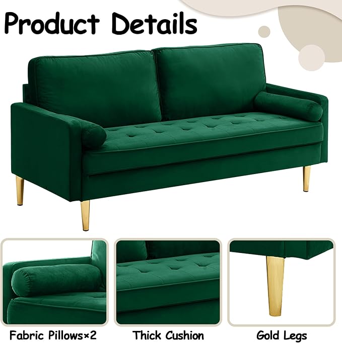 65 Inch Green Velvet Couch Small Loveseat Sofa &amp Office Sofa for Small Space Couch for Bedroom Livingroom 2 Pillows Gold Legs Tufted Seat (Green)