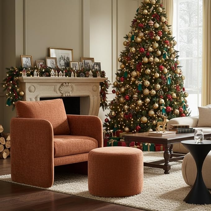 Modern Barrel Accent Chair Mid-Century Beige Chenille Fabric Armchair for Living Room Comfy Upholstered Reading Accent Chairs Single Sofa Chair for Bedroom Waiting Room Office1 PCS Orange