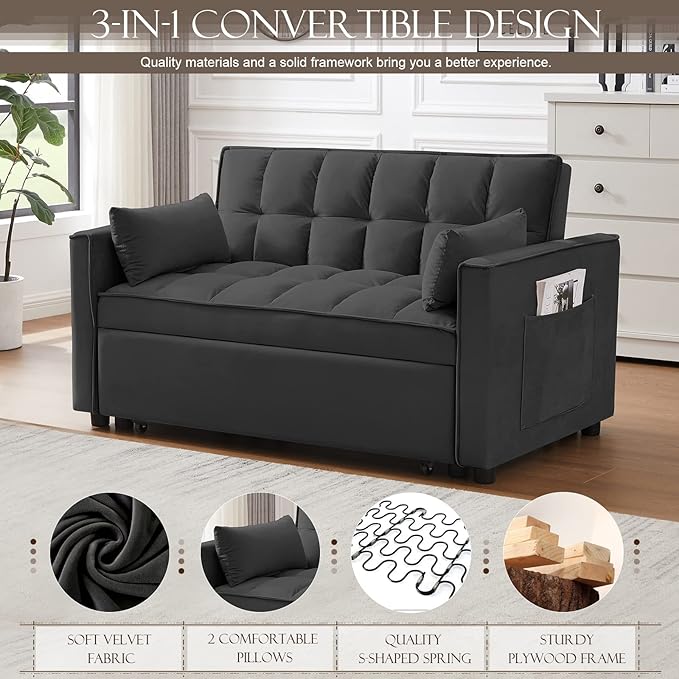 Velvet Pull Out Sleeper Sofa Bed Convertible Futon Couch Bed with Adjustable Backrests 3 in 1 Modern Loveseat with 2 Pockets and Pillows Small Love Seat for Living Room Guest Room Office Black
