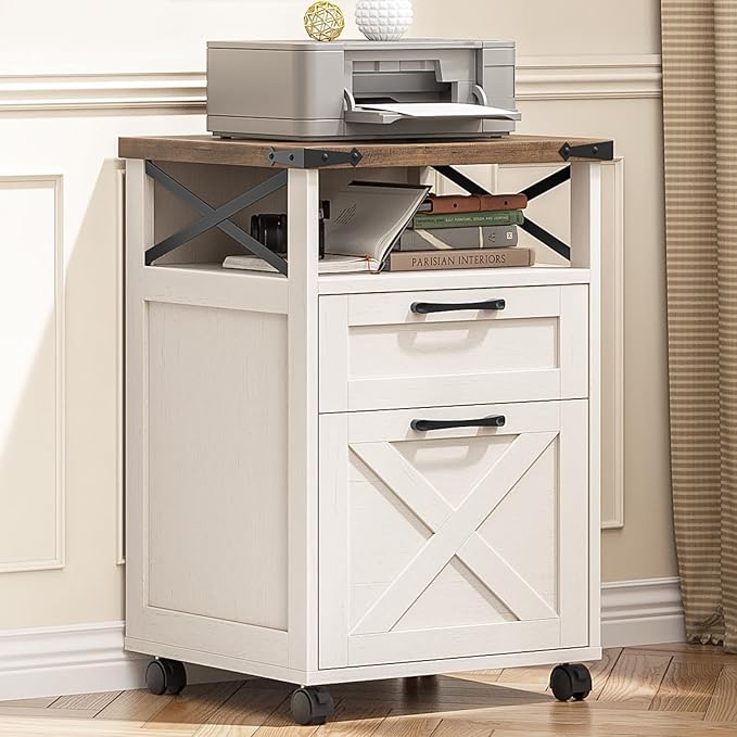 Farmhouse Filing Cabinet with Open Storage Space &amp Wheels Office Filing Vertical Cabinet with 2 Drawers Printer Stand for Hanging Files Letter/A4 Under Desk Storage Cabinets for Home Office. Wh