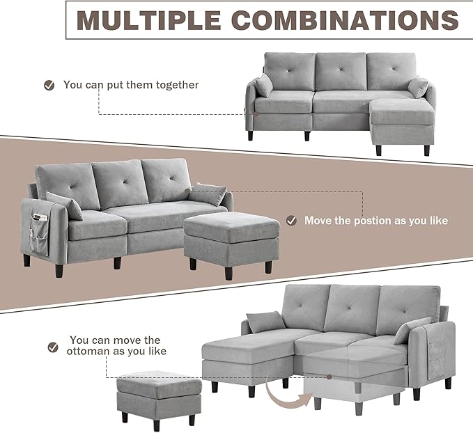 2 Piece Sectional Sofa Set Modern Convertible Sectional Sofa 3 Seat L Shaped Sofa and Chair with Storage Ottoman for Living Room ApartmentLight Grey