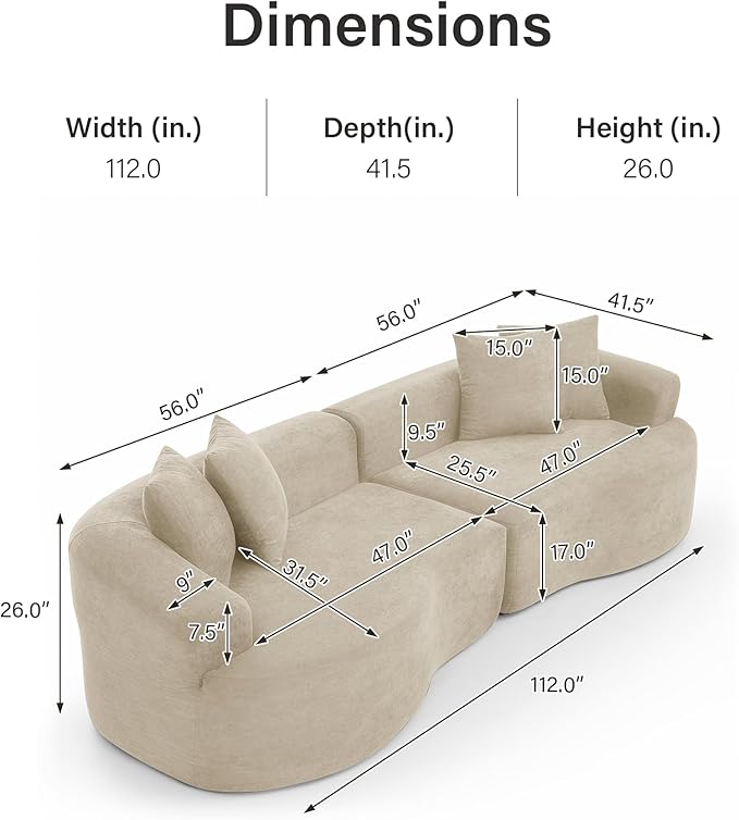 112'' Oversized Curved Modular Sectional Sofa Upholstered Chenille Boneless Couch Comfy Cloud Compression Sofa with Extra Deep &amp Wide Seat for Living Room Apartment Office Camel