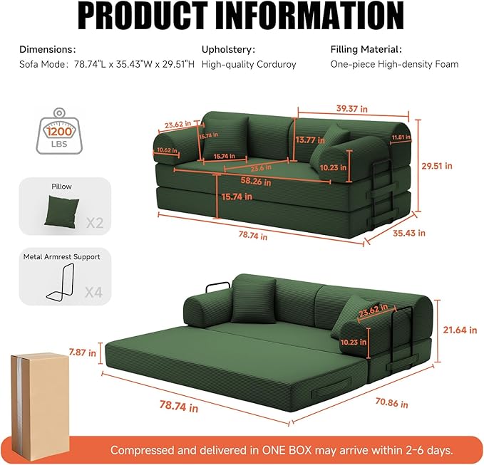 78.8 Boneless Memory Foam Couch Corduroy Convertible Floor Sofa Bed Fold-Out Sleeper Futon Loveseat Wide Armrests &amp Supportive Back 1200 lb Couch in a Box 2 Pillows Dark Green