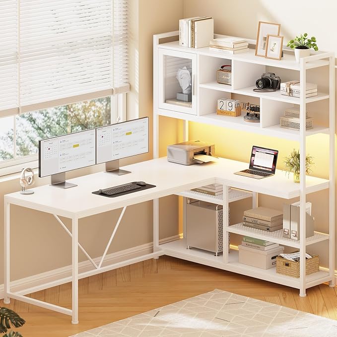SEDETA L Shaped Computer Desk 58'' Office Desk with LED Light and Bookshelf L Shaped Corner Desk with Storage Shelves for Home Office Gaming Desk L Desk White