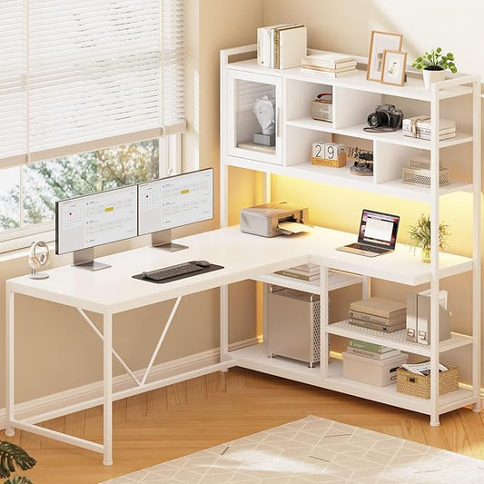 SEDETA L Shaped Computer Desk 58'' Office Desk with LED Light and Bookshelf L Shaped Corner Desk with Storage Shelves for Home Office Gaming Desk L Desk White