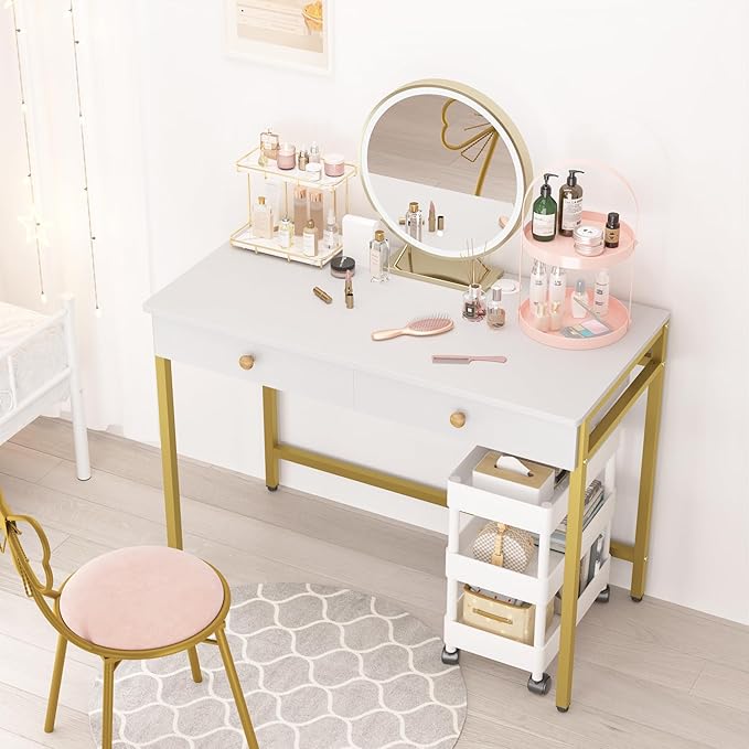 Weehom Computer Desk with Drawers Home Office Desk for Writing Studying and Gaming - Sturdy and Spacious Workstation for PC and Laptop(White and Gold)