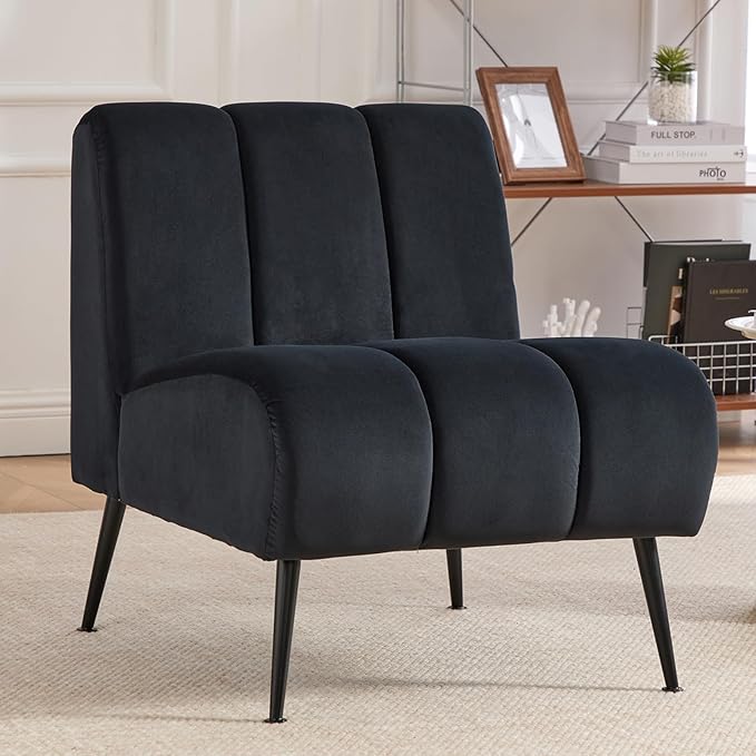 Modern Accent Chair Velvet Upholstered Fuzzy Club Chairs with Tufted Design Comfy Living Room Chair with Metal Legs Padded Reading Chair for Reading Room (Black-Velvet)