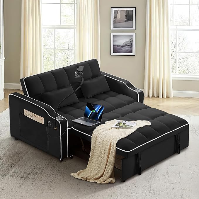 KINFFICT Sleeper Sofa Couch Bed with Phone Holder Modern 3-in-1 Convertible Velvet Pull Out Loveseat Futon Sofa with USB &amp Type C Port &amp Cup Holder for Living Room Bedroom Office