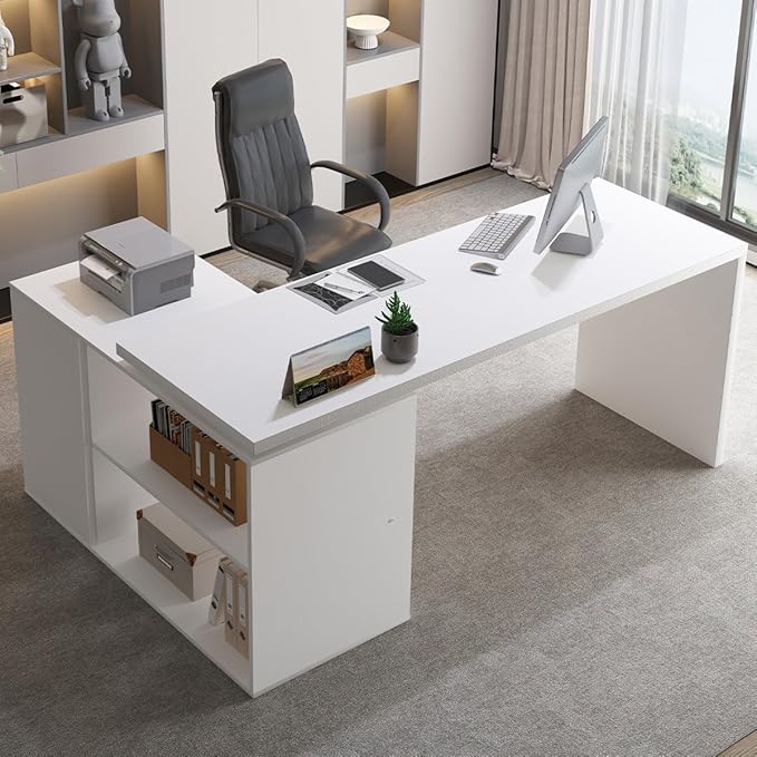 HSH White L Shaped Desk with Drawers Shelves Corner Home Office Desk L Shape with Storage Cabinet Large Wood Computer Desk for PC Executive Work Writing Study Modern Living Room Bedroom Table60 In
