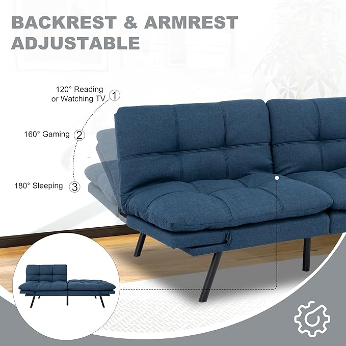MUUEGM Futon Sofa Bed Convertible CouchMemory Foam Futon Sofa CouchSleeper Futons Sofa CouchesSmall Splitback Modern Loveseat Sofa Bed for Living RoomOfficeApartmentLinen FabricBlue.