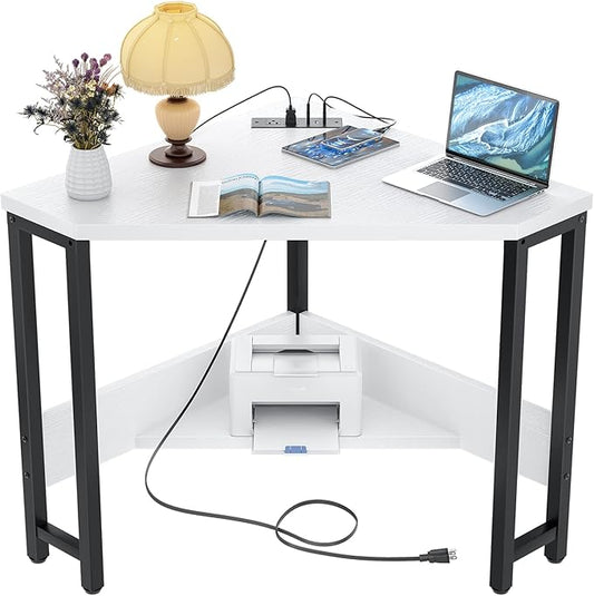 Armocity Corner Desk Small Desk with Outlets Corner Table for Small Space Computer Desk with USB Ports Triangle Desk with Storage for Home Office Workstation Living Room Bedroom White