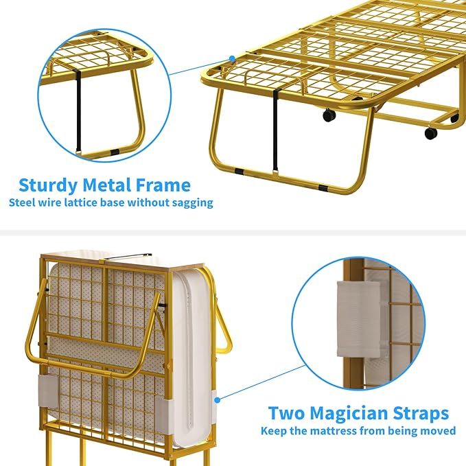 PUREMIND Folding Bed with 5' Mattress &amp Baffles Twin Size 75”x 38” Portable Rollaway Beds for Adults Fold up Bed with Metal Frame Space-Saving Guest Beds for Living Room/Apartment/Office