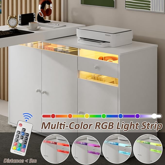 53 L-Shaped Computer Desk Rotating Home Office Desk with Storage Cabinet &amp Drawer Modern Study Writing Table with LED Light Reversible Corner Desk Small Space &amp Bedroom Workstation White