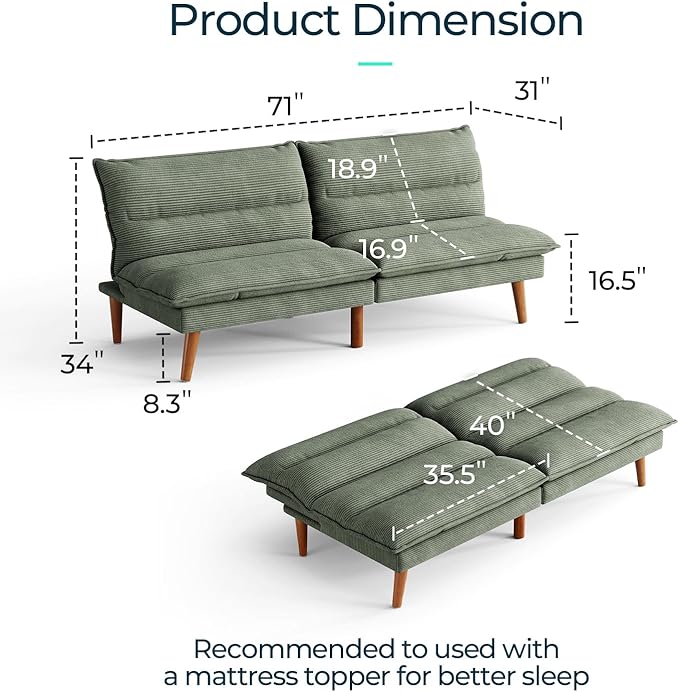 LINSY Futon Sofa Bed: Corduroy Futon Couch with Adjustable Backrest Comfy Loveseat Convertible Folding Sleeper Sofa Couches for Small Spaces Living Rooms Apartment Office Green