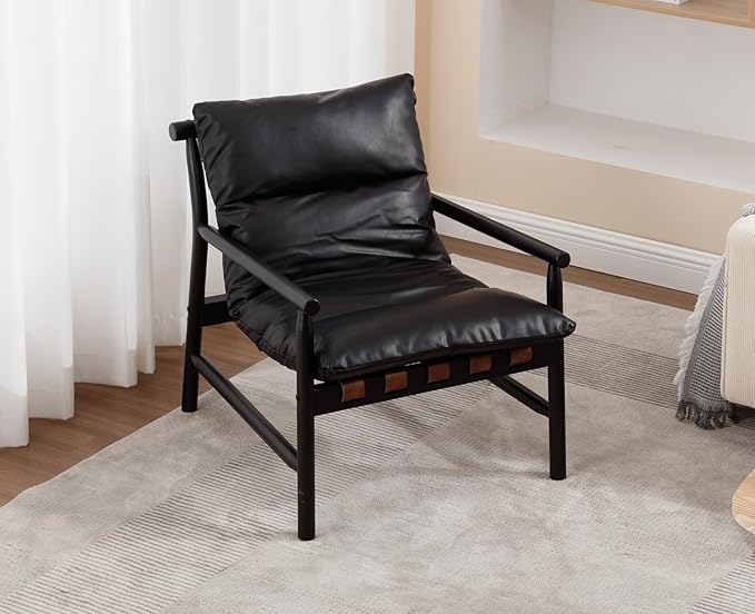 Kmax Modern Sling Accent Chair Upholstered PU Leather Living Room Chair Comfy Lounge Chair Solid Wood Frame Arm Chair for Bedroom Reading Room Black