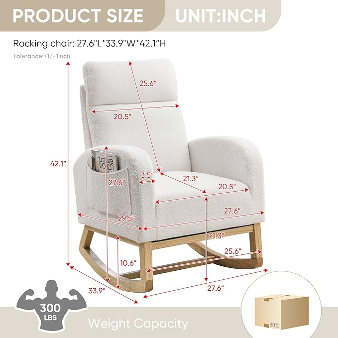 Nursery Rocking Glider Chair Modern Fabric Tall Back Accent Rocker Chair Upholstered Arm Chair w/Side Pockets Modern Leisure Single Sofa for Living Room Hotel Bedroom Office White