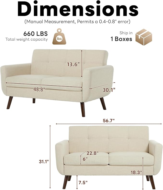 Tbfit 56 W Loveseat Sofa Mid Century Modern Decor Love Seat Couches for Living Room Button Tufted Upholstered Small Couch for Bedroom Solid and Easy to Install Love Seats Furniture Beige | linen