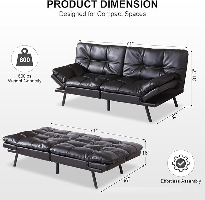 MUUEGM Futon Sofa Bed 71 Folding Recliner Lounge with Adjustable Backrest &amp Armrests Comfy Loveseat Sleeper Couch for Compact Spaces Faux Leather Black