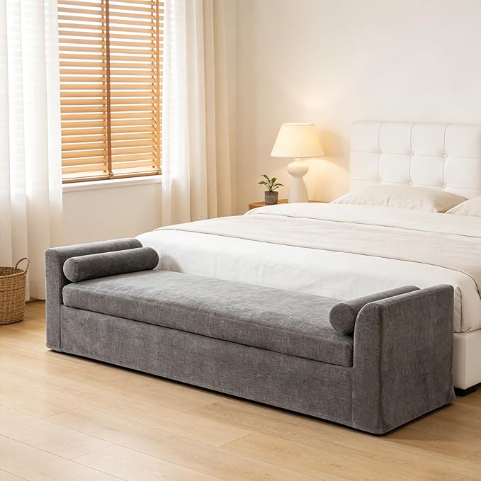 Chifee &amp Vingol 90.55 W Oversized Chaise Lounge Upholstered Bedroom Benches Extra-Long Indoor Bench Entryway Bench with Removable Pillows for Living Room HallwayGray