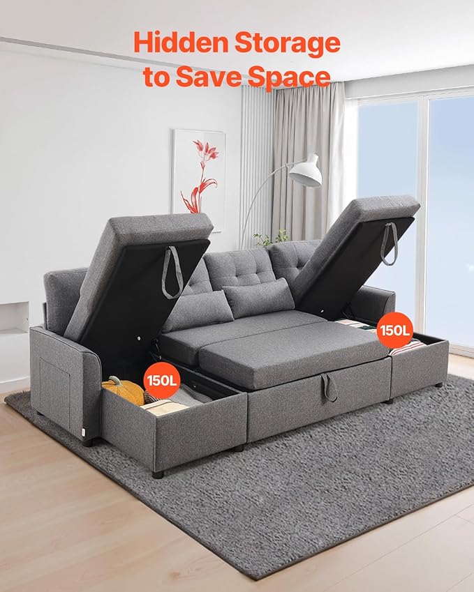 VEVOR U Shaped Sofa Bed Convertible Sofa Bed with 2 Side Pockets 2 Pillows and Double Chaise 6-Seat Pull Out Sleeper Couch with Large Storage Capacity for Living Room Apartment Metal Frame Gray