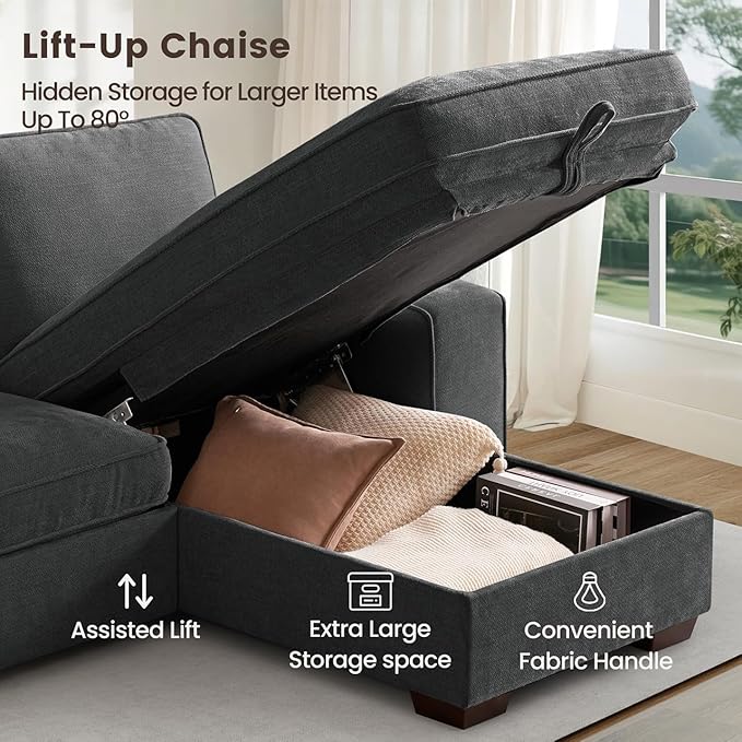 PARKOL 99 L-Shaped Sectional Couch with Storage Sofa with Reversible Chaise USB Type-C Charging Chenille Fabric Removable Cushion Covers for Small Space Apartment Living Room Dark Gray