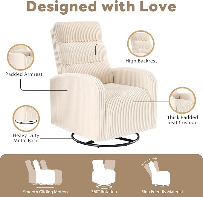 Swivel Rocker Chair 360° Swivel Rocker Chairs with High Back Arms Rocking Lazy Boy Chairs Upholstered Swivels Corduroy Glider for Living Room Bedroom Nursing Beige