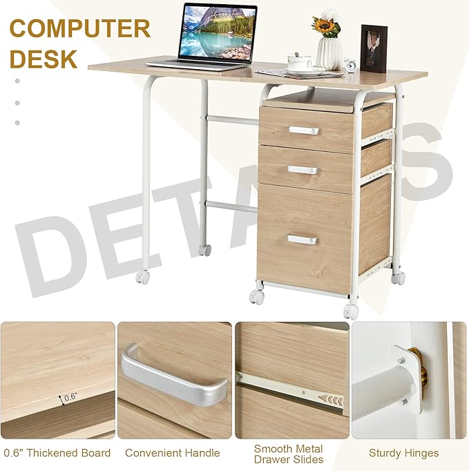 Tangkula Folding Computer Desk with 3 Storage Drawers Mobile Home Office Desk Study Writing Desk with Smooth Wheels Space Saving Compact Desk for Dorm Apartment Rolling Folding Desk Table