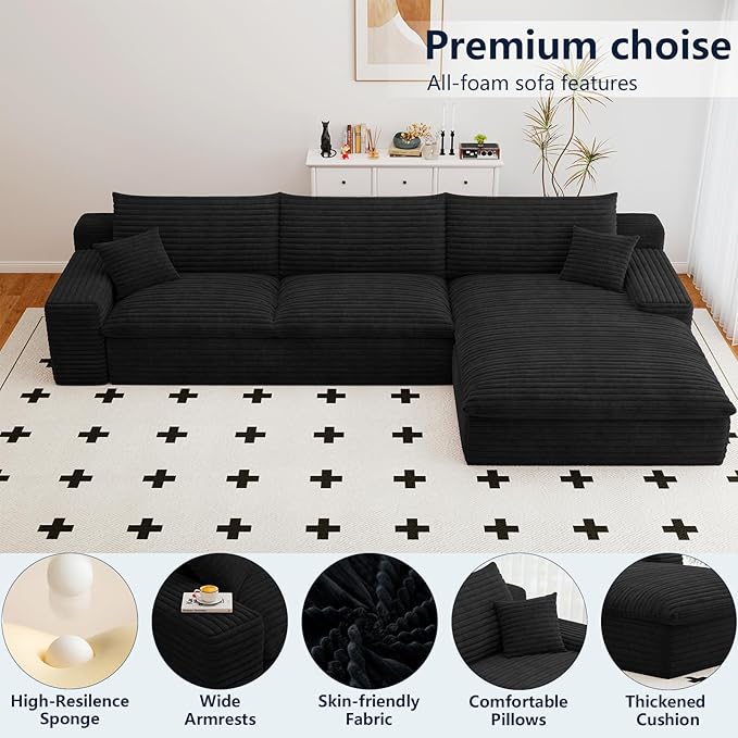 107”Cloud Sectional Couch Boneless Sofa for Living Room Modular Sectional Sofa with Deep Seat Fluffy Comfy Couch with L-Shaped Chaise No Assembly Required Comfy Upholstered Corduroy Couches