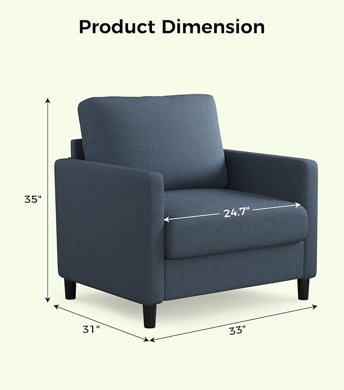 Sofa Accent Chair 33 Reading Chair for Bedroom Tool-Free Setup Living Room Accent Chairs Comfy Arm Chairs Living Room All-Wood Reading Nook Blue Grey