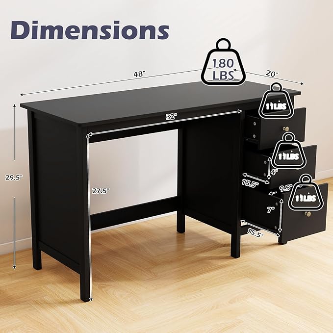 POWERSTONE Computer Desk with 3 Drawers 48x20 Storage Office Desk for Home Office Bedroom Large Study Writing Desk Workstation (Black)