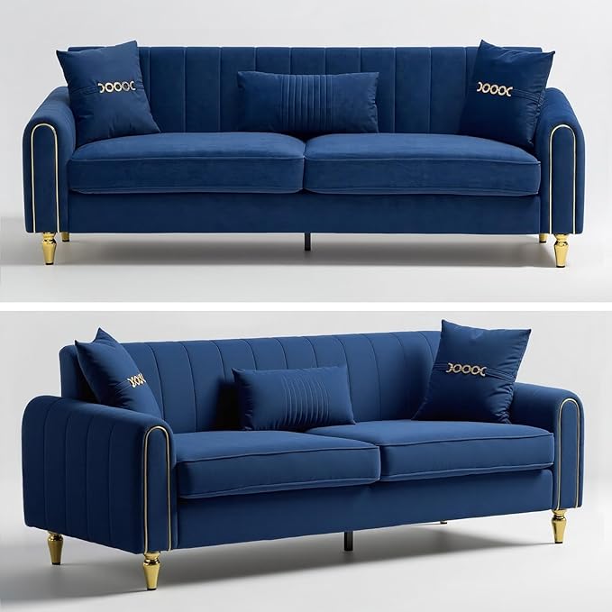 87.5 Modern 3-Seater Velvet Couch with Metal Legs &amp Decorative Pillows High Resilience Sponge Spring Seat Luxury Sectional Loveseat Sofa for Living Room Apartment Small Space Blue