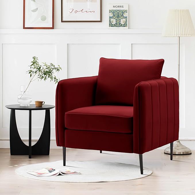 Leather Accent Chair Mid Century Modern PU Leather High Back Armchair for Living Room Chairs with Solid Wood Legs for Small Spaces Bedroom Office (Red-Velvet 29.13D x 32.68W x 35.04H)