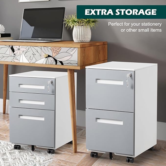 2 Drawer Mobile File Cabinet with Lock &amp Wheel Under Desk Rolling Vertical Filing Cabinet Anti-Tipping Design Metal Storage Cabinet for Legal Letter A4 (Gray)