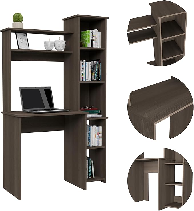 Versalles Smokey Oak Writing Desk with 2 Shelves &amp 5 Cubbies - Compact Home Office Solution