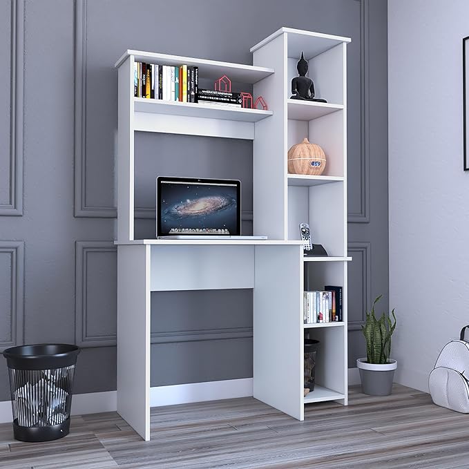 Penau Stylish Writing Desk with Two Shelves and Five Cubbies White Finish Durable Particle Board Compact Size for Home Office