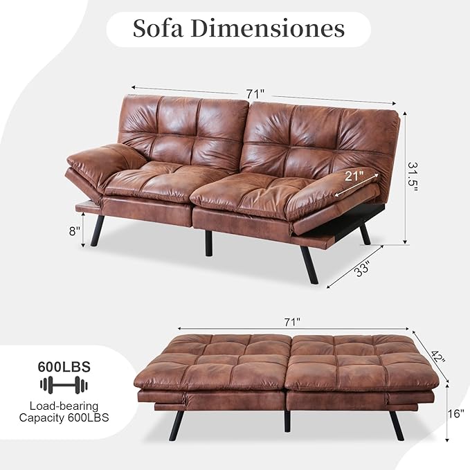 Opoiar Faux Leather Sleeper SofaMemory Foam Futon Sofa BedFoldable Couch SleeperCompact Sofa Padded with Metal Legs Modern Convertible Loveseat Sofa for Living RoomApartmentStudioBrown